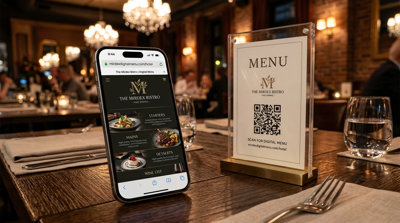 Custom Subdomains - Mobile browser showing mirdexdigitalmenu.com/hotel with table QR code